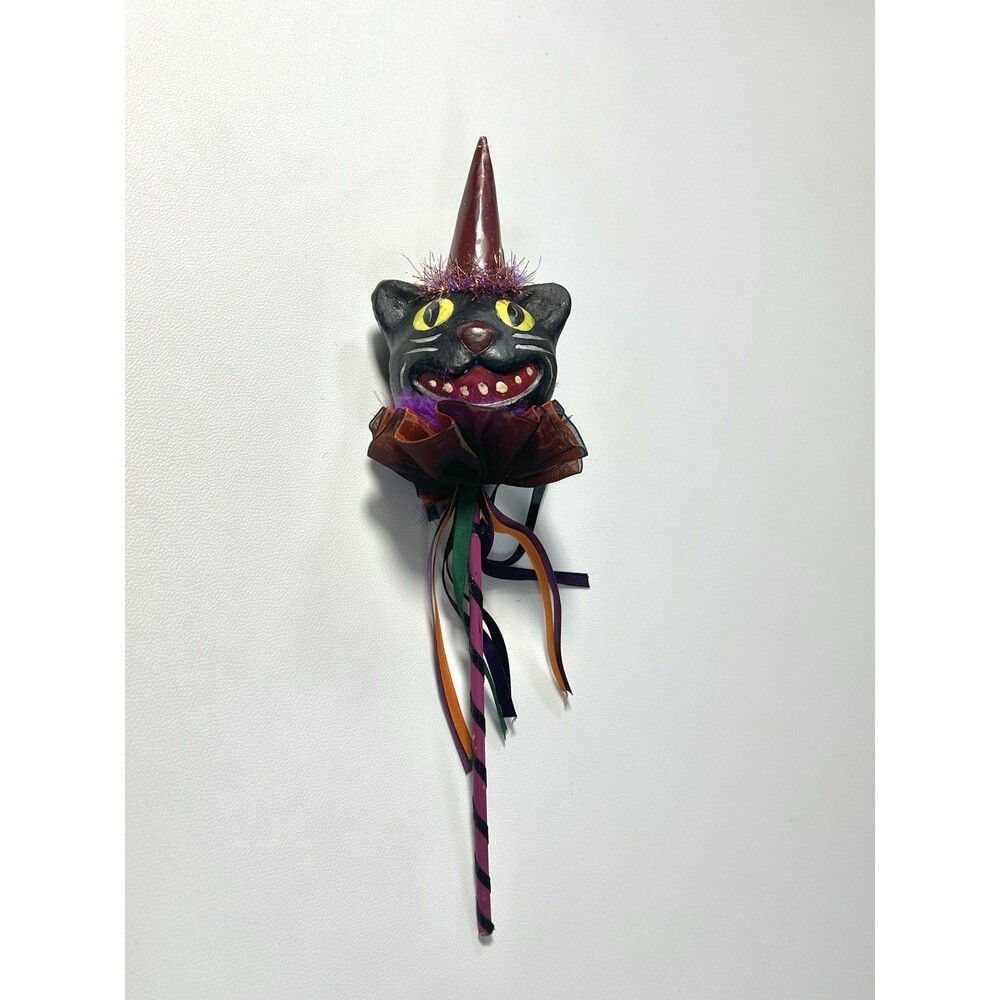 Halloween Decor Black Cat Head Red Hat Primitive Folk Art Style on Stick Ribbons